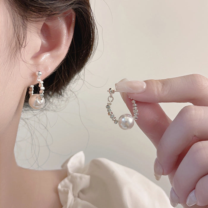Silver Tone Cube and White Pearl Open Hoop Stud Earrings