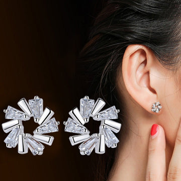 Silver Tone Radial Baguette Stone Cluster Stud Earrings