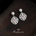 Silver Pearl Stud Filigree Drop Earrings With Purple Center view 4