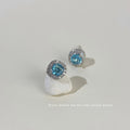 Silver Tone Aqua Blue Square Stone Clear Halo Stud Earrings view 4