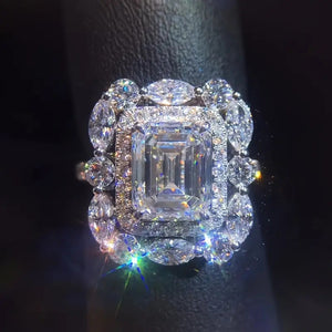 Emerald-Cut Clear Stone Floral Cluster Statement Ring Silver Tone