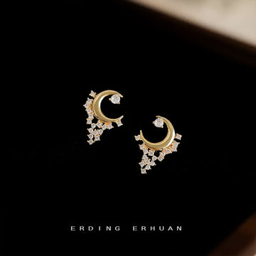 Gold Tone Crystal Crescent Moon Chain Tassel Stud Earrings