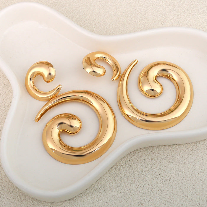 Two Gold Tone Oversized Double Spiral Statement Stud Earrings