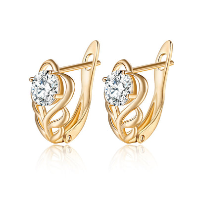 Gold leaf flower clear CZ leverback earrings pair white background