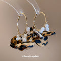 Leopard Fabric Flower Pearl Beaded Gold Tone Hoop Earrings view 2