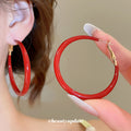 Red Coated Slim Round Hoop Earrings in Bright and Dark Shades view 1