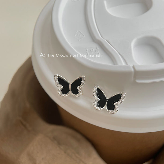 Black Enamel Butterfly Stud Earrings Silver Zircon Border