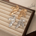 Gold and Silver Textured Three Leaf Statement Stud Earrings view 2