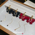 Flocked Bow Chain Tassel Earrings In Burgundy And Black view 4