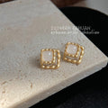 Gold Tone Scalloped Square Geometric Milky Stone Stud Earrings view 4
