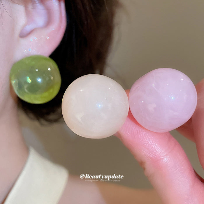 Translucent Round Resin Stud Earrings in Cream and Green