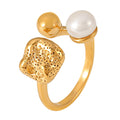 Open Ring Pearl Ball Textured Nugget Gold Steel Metal Band view 5