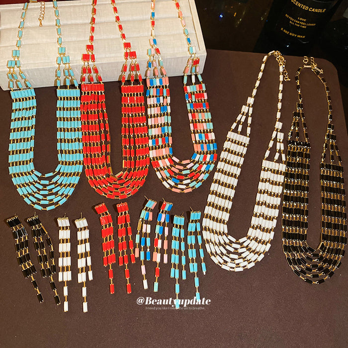 Multi-Strand Tube Bead Necklace Earring Sets Five Colors