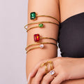 Gold Double Open Cuff Bracelets Dual Rectangular Crystal Stones view 1