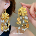 Gold Floral Pearl and Disc Cascade Earrings Jewelry view 1
