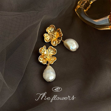 Gold Tone Flower Stud Earrings Baroque Pearl Drops