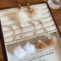 Brown and White Faux Fur Pom Pom Pearl Drop Stud Earrings view 3