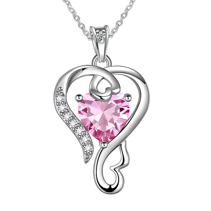 Pink Crystal Heart Pendant Necklace in Silver Tone