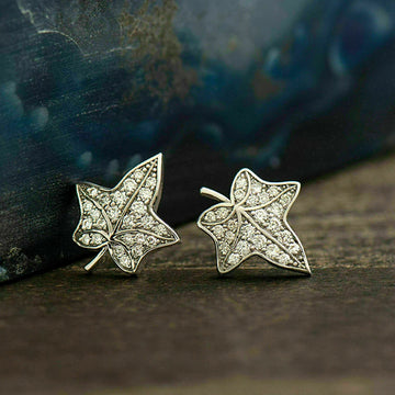 Silver Maple Leaf Stud Earrings Pavé Clear CZ Stones