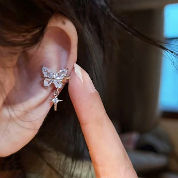 Silver Tone Butterfly And Star Ear Cuff With Crystal Drops