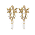 Ornate Crystal Drop Statement Earrings with Polished Metal Tone Details view 5