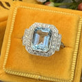 Silver Tone Aqua Emerald Cut Halo Ring Sizes 6 to 10 view 3