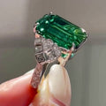 Emerald Green Rectangular Solitaire Geometric Ring In Silver Tone view 2
