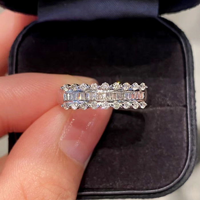 Silver Triple Row Baguette Round Clear Stone Ring Sizes 6-10