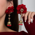 Red Fabric Flower Antique Gold Jhumka Dangle Earrings view 6