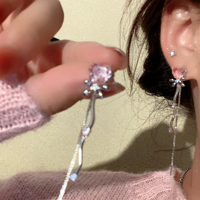 Pink Heart Crystal Long Chain Tassel Stud Earrings