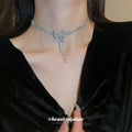 Silver Rhinestone Multi Row Butterfly Tassel Choker Necklace view 1