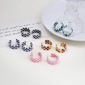Six Color Checkerboard Acrylic Open C Hoop Earrings