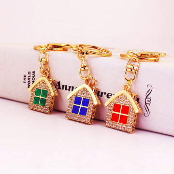 Gold Tone Metal House Keychain With Clear Rhinestones