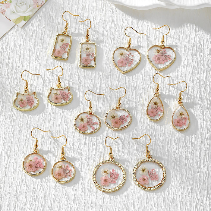 Gold Tone Pressed Flower Geometric Drop Earrings in Seven Shapes
