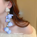 Blue Fabric Flower Pearl Cluster Drop Earrings with Polished Metal Accents view 4