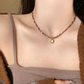 Multicolor Seed Bead Necklace Square White Pendant Gold view 1