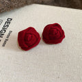 Red Brown Fabric Rose Stud Earrings with Sculpted Petals view 6