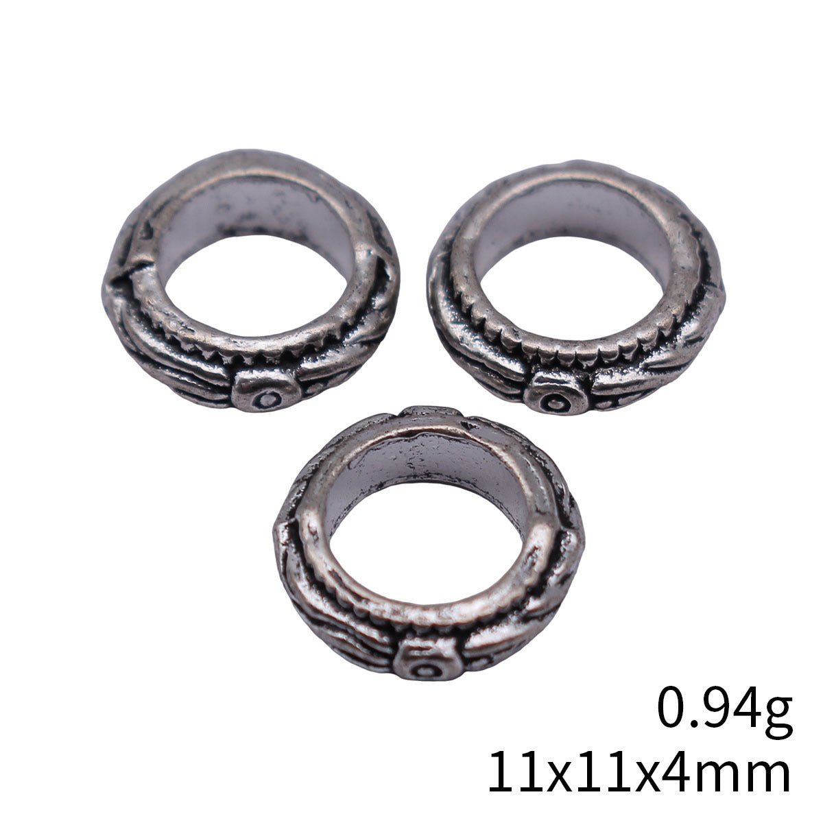 11x11x4mm 0.94g Antique Silver Zinc Alloy Textured Round Ring Large Hole Beads for Bracelet Jewelry Making