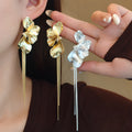Gold and Silver Layered Petal Long Tassel Stud Earrings view 1