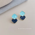 Gold-Rim Aqua Navy Stacked Marbled Square Stud Earrings view 4