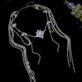Silver Tone Layered Chain Necklace with Crystal Tassel Drops view 6