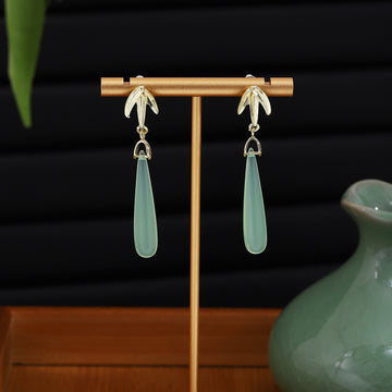 Green Long Teardrop and Gold Leaf Dangle Stud Earrings