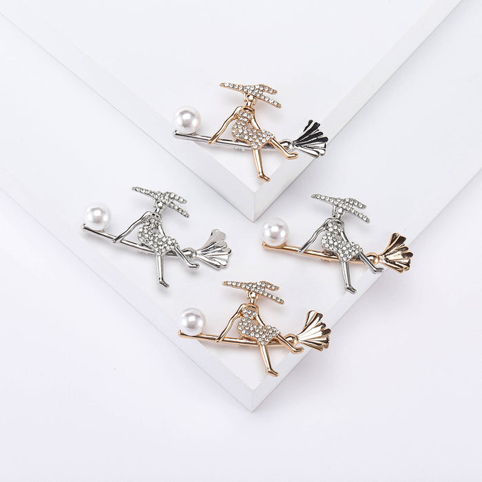 Crystal Girl on Broom Brooch in Four Gold and Silver Finishes