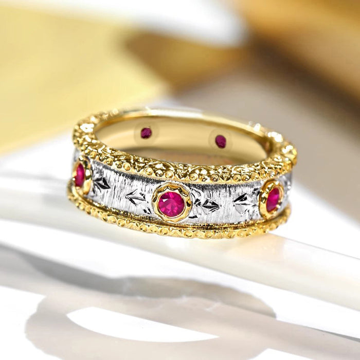 Two Tone Gold Silver Red Stone Band Finger Ring Sizes 6-10