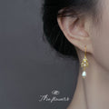 Gold Fishhook Filigree CZ White Pearl Drop Earrings view 2