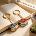 Back To School Stacked Books Keychain Gold Ring Red Blue view 4