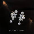 Silver Tone White Pearl And Clear Star Flower Cluster Earrings view 1