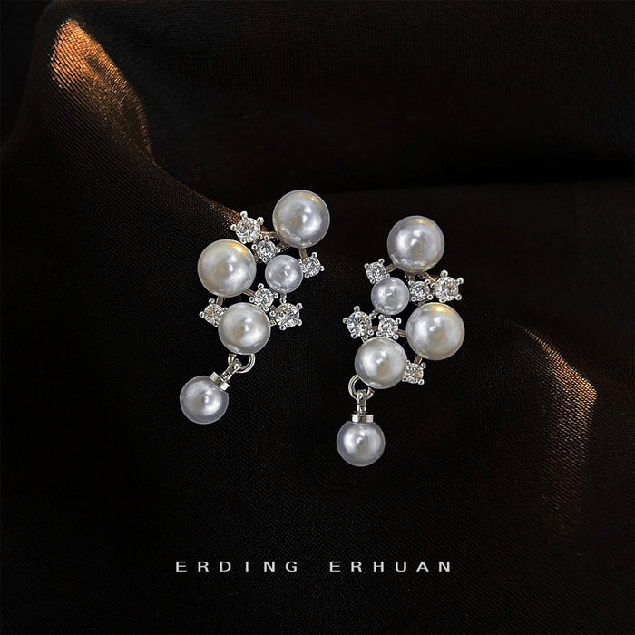 Silver Tone White Pearl And Clear Star Flower Cluster Earrings