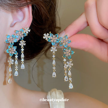 Blue Floral Crystal Chandelier Earrings with Tiered Drops