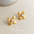Gold Matte Brushed Four Petal Flower Studs White Pearl Center view 3